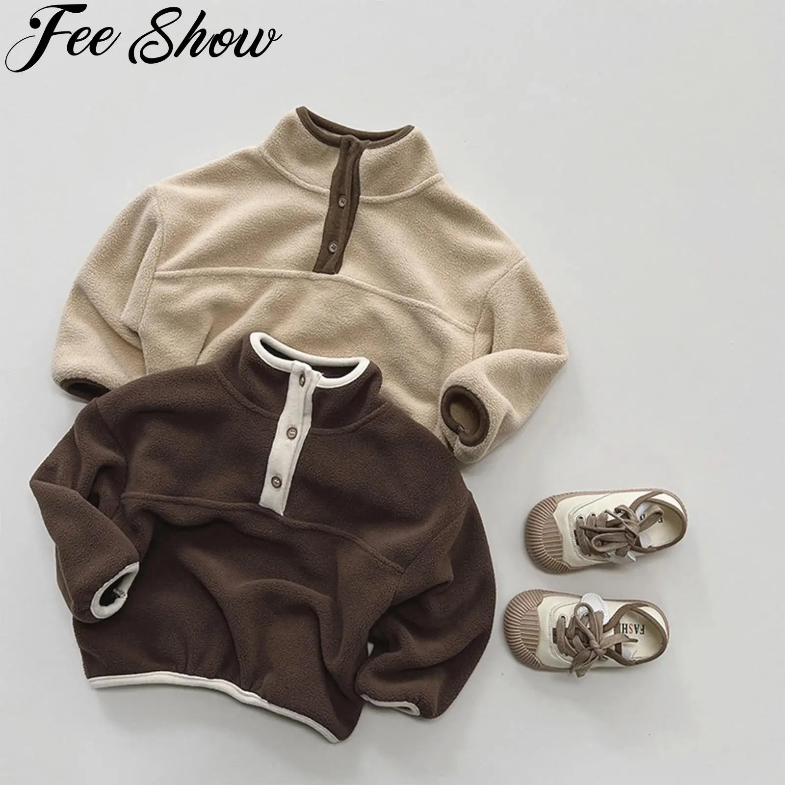 طفل رضيع الدافئة الصوف البلوز أعلى عارضة الصلبة طويلة الأكمام زر متابعة البلوز قمم الأطفال الخريف الشتاء الملابس ارتداء اليومي