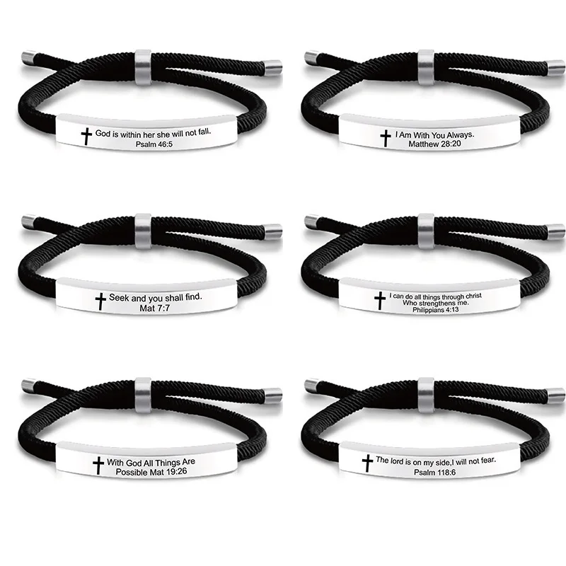 Cross Jesus Scripture Quote Bracelet Christian Bible Verse Engraved Letters Stainless Steel Bracelets Braided Rope Wristband