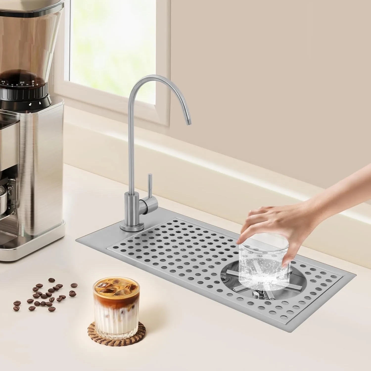 

Glass Rinser, Stainless Steel Cup Washer Commercial Pitcher Rinser with Faucet Drain Drip Tray Glass Cleaning Rinser