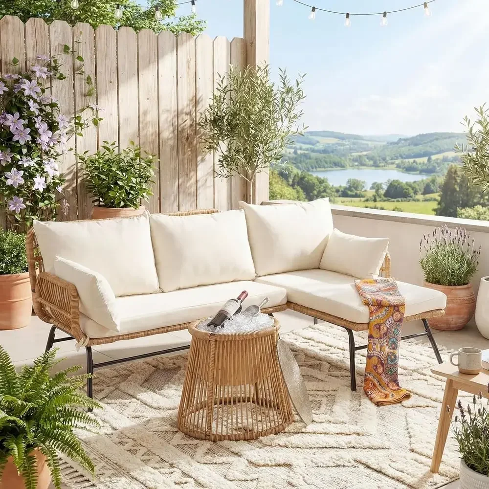Boho-Style Patio Furniture Set with Cushions, Outdoor Wicker Sofa, Ice Bucket, L-Shape Lounge for Balcony, Deck, Beige