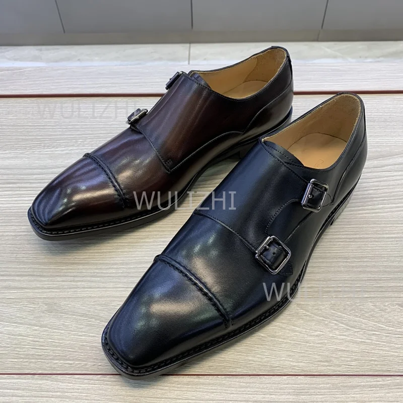 

Mens Burgundy Black Belt Buckle Real Leather Loafers Spring Business Gentleman Luxury Shoes Metal Buckle Outdoor Solid Oxfords