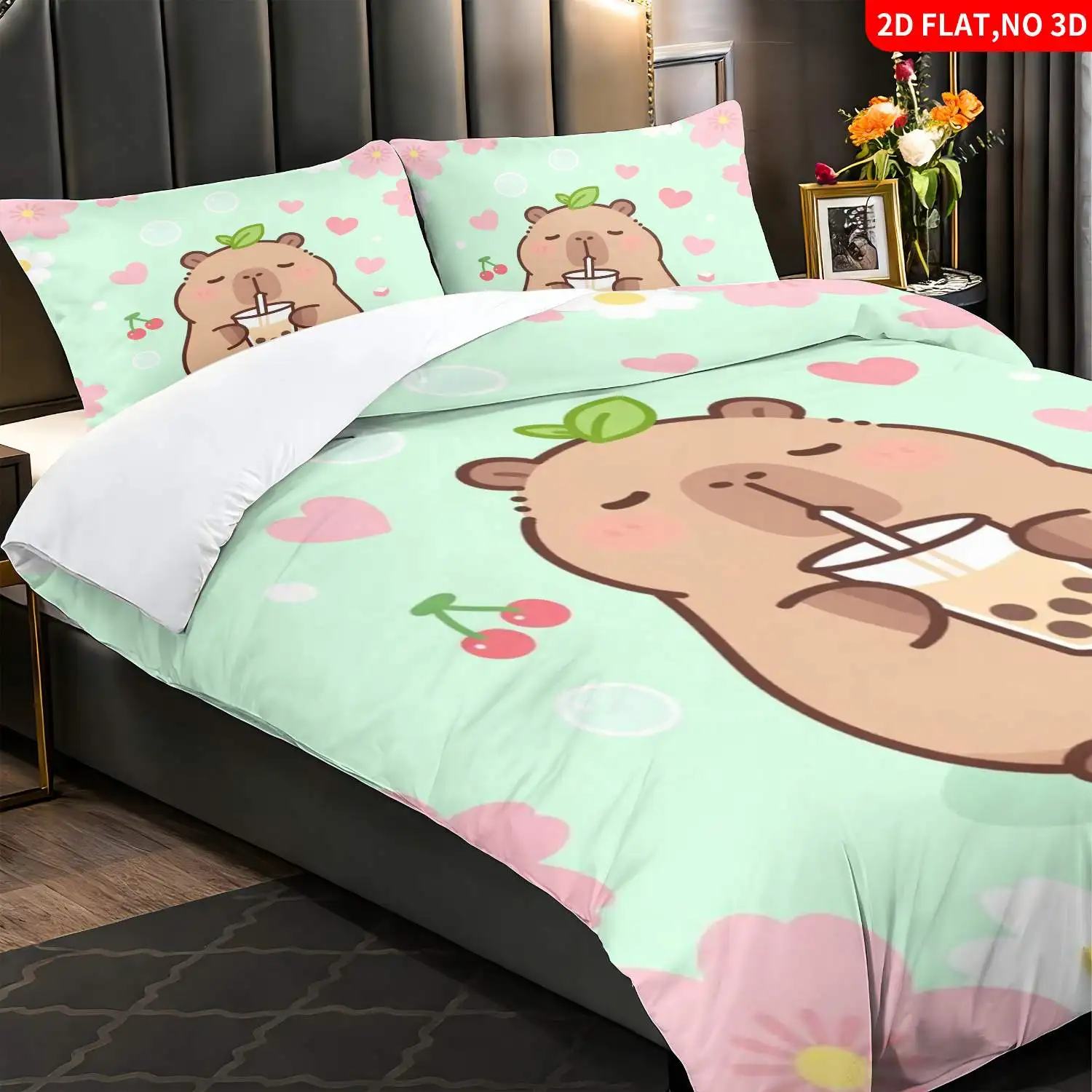 3-Piece Quilt Cover Set, Cute Animal-Themed Bedding, Light Green Kawaii Capybara, Tea Brewing, Cherry Blossoms, Heart Print, Suitable for All Seasons, Machine Washable, Invisible Zipper, Three-Piece Quilt Cover Set, Bedding Set, Suitable for Home, Dormitory, Master Bedroom, Guest Room