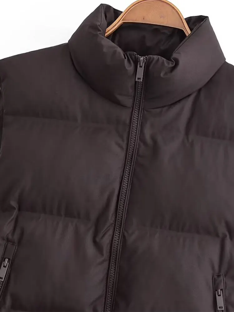 TFAFXY femmes Chic marron sans manches gilets poches zippées rembourré épais chaud manteaux mode 2025 automne hiver vêtements d'extérieur