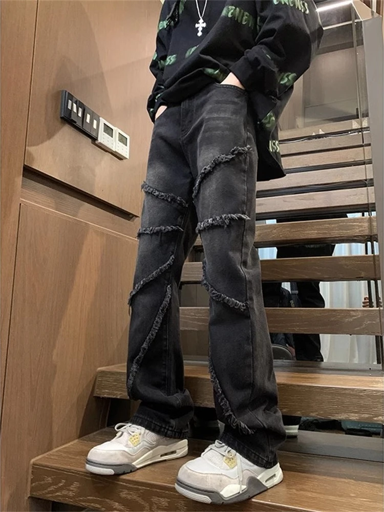 

Slim Fit Men's Jeans High Street Vibe Distressed Design Straight Leg Trousers Youth Fashion Casual Wear Spring Autumn