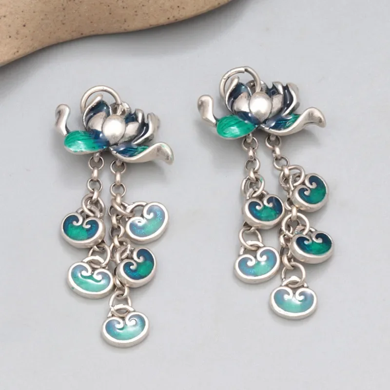 Ethnic 925 Sterling Silver Enamle Lotus Flower Tassel Ruyi Pendant Jewelry Vintage Green DIY Handmade Beads Material DZ003
