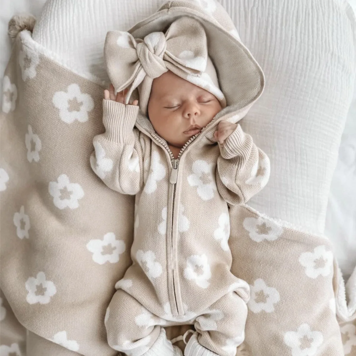 Baby Autumn and Winter Sweater Onesie Flower Zipper Hooded Long Sleeve Long Climbing Fart Jacket Knitted Sweater