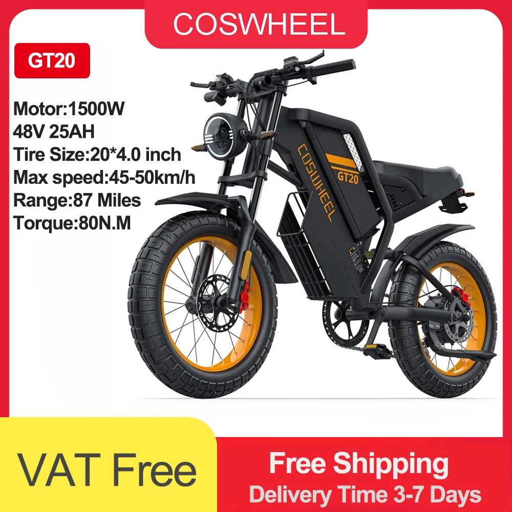 COSWHEEL Dirtbike 3000W GT20 PRO Elektrische fiets Dubbele motor 48V 40AH Dubbele accu Elektrische motorfietsen 20 inch dikke banden Off-Road Mountain EBike - afbeelding 1