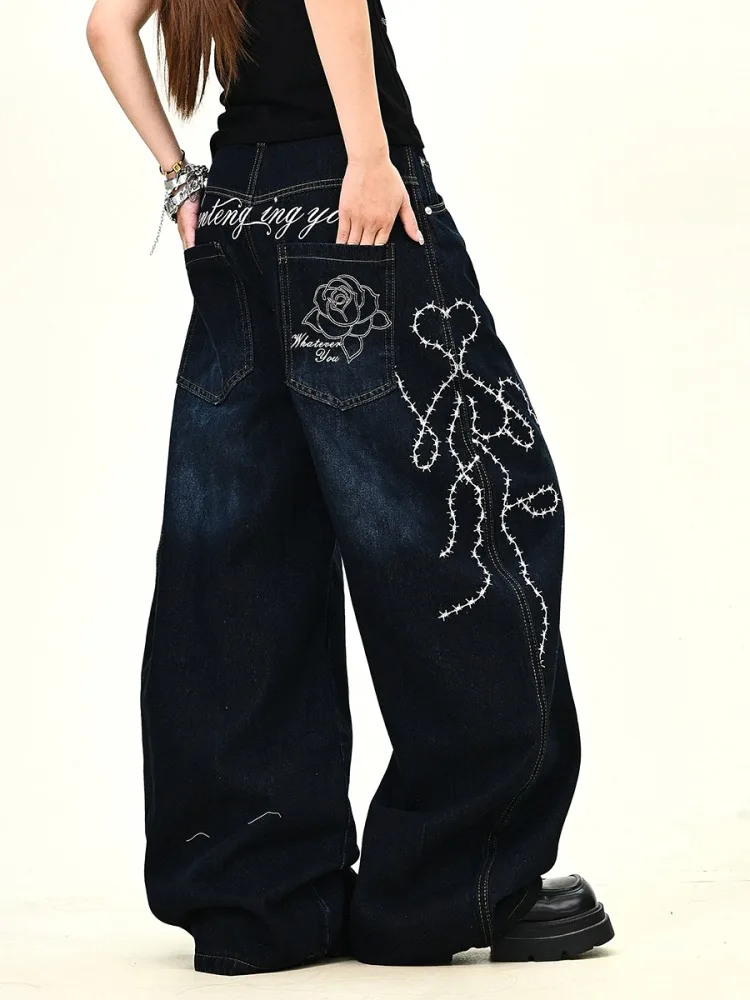

Women's Blue Embroidered Cargo Baggy Casual Jeans Y2K Japanese Harajuku 2000S High Street Aesthetic Retro Jeans Pants Clothing