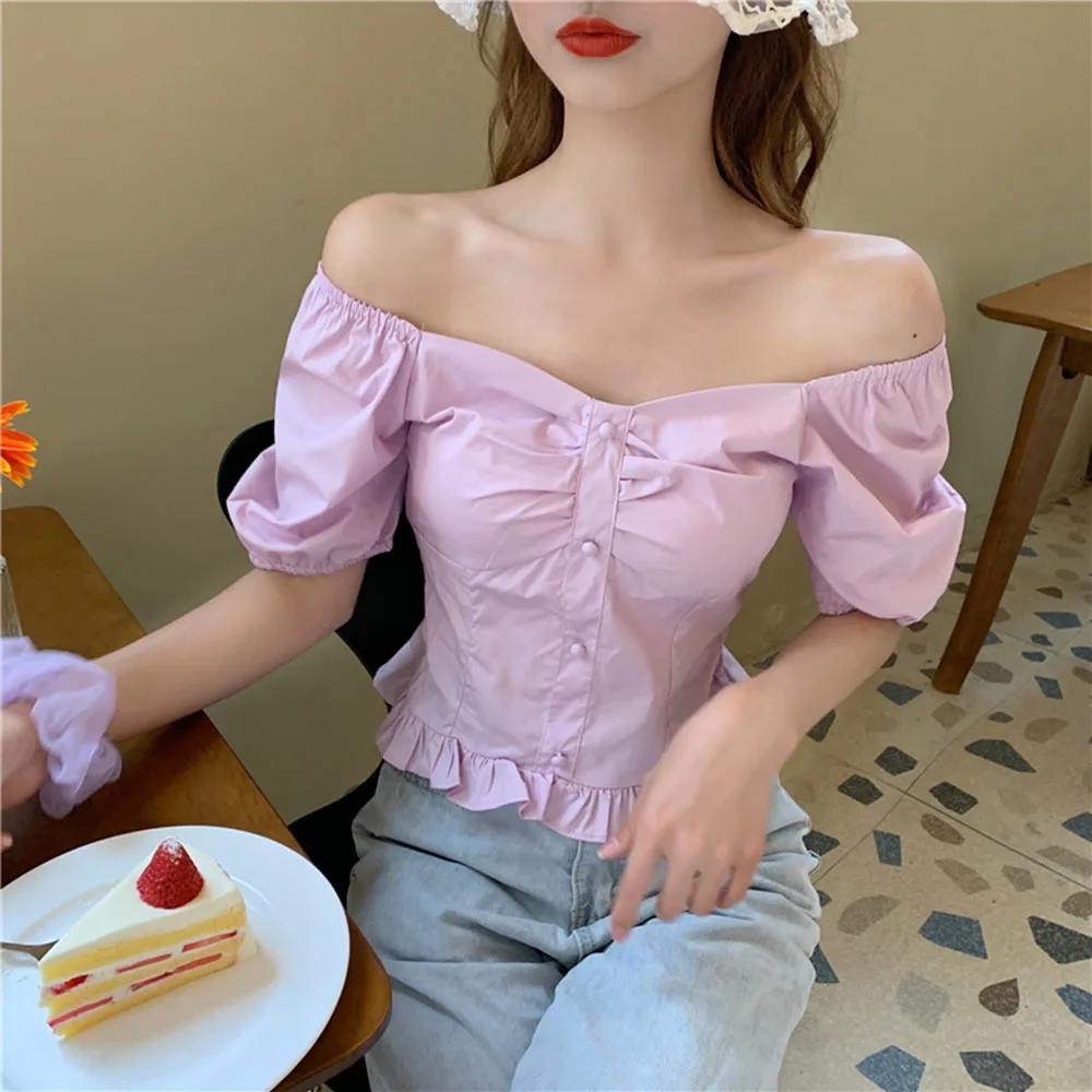 French Style Ruffle Blouse Vintage Square Neck Shirts And Blouses Ladies Fashion Sexy Short Tops Women Slim Blusas Para Mujer