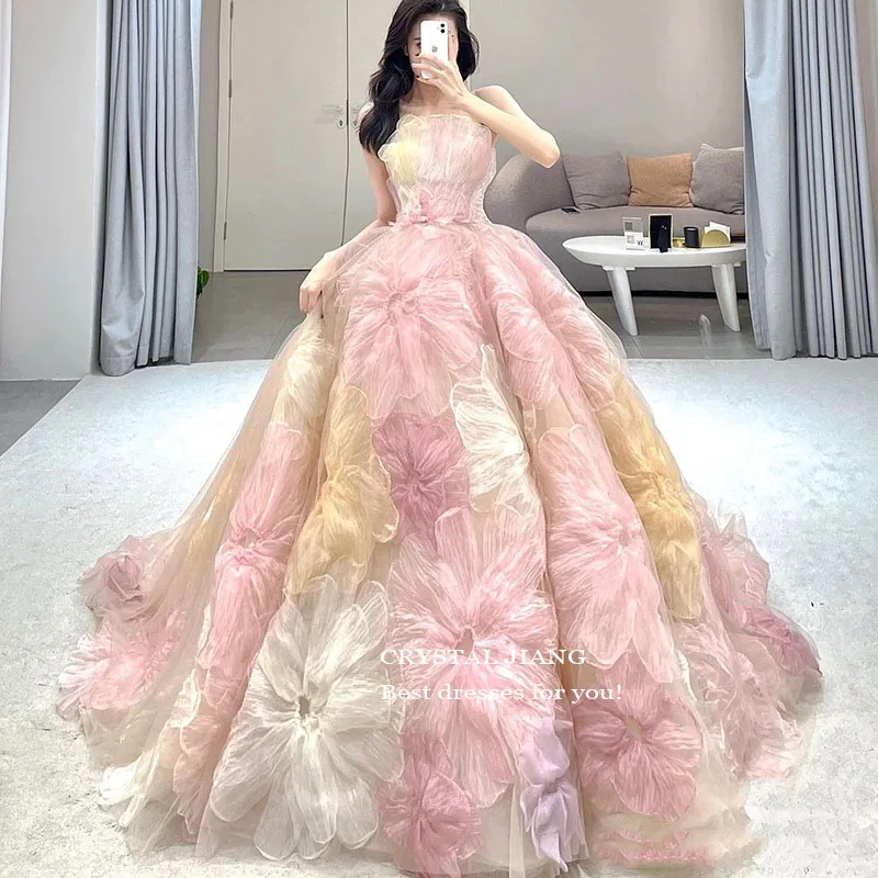 Romantic Lace Floral Ball Gown Prom Dresses Custom Made Strapless vestidos de festa Wedding Party Dress