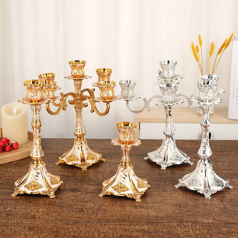 

Metal Candelabro Golden Silver Rose Pattern Candle Holder Tabletop Stand Candlestick Wedding Home Party Decoration Candelabrum