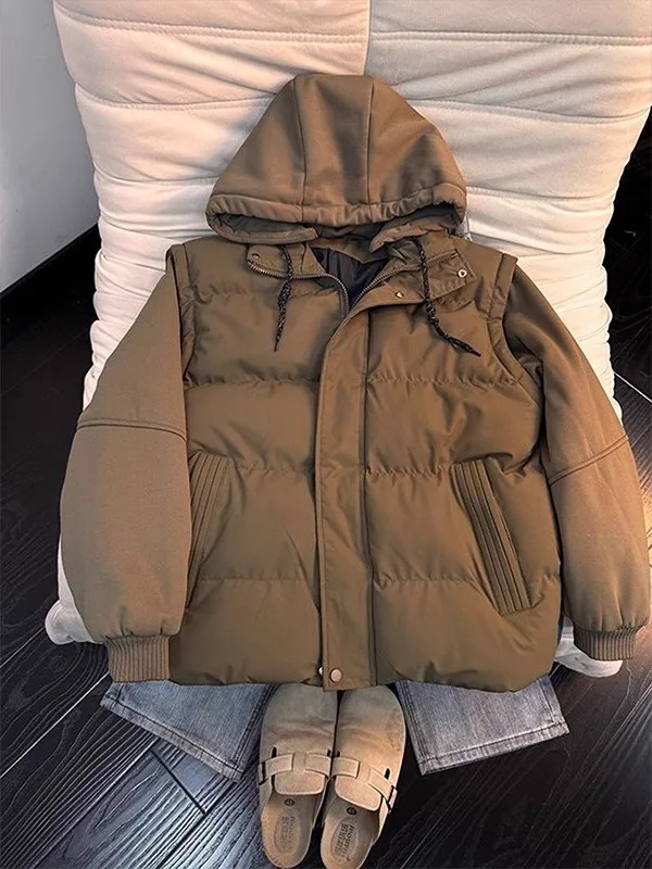 

Thiened Detachable Hooded Cotton Jaet Men's Winter Warm Outerwear Youth Faion Stand Fit Zipper Closure Casual Coat