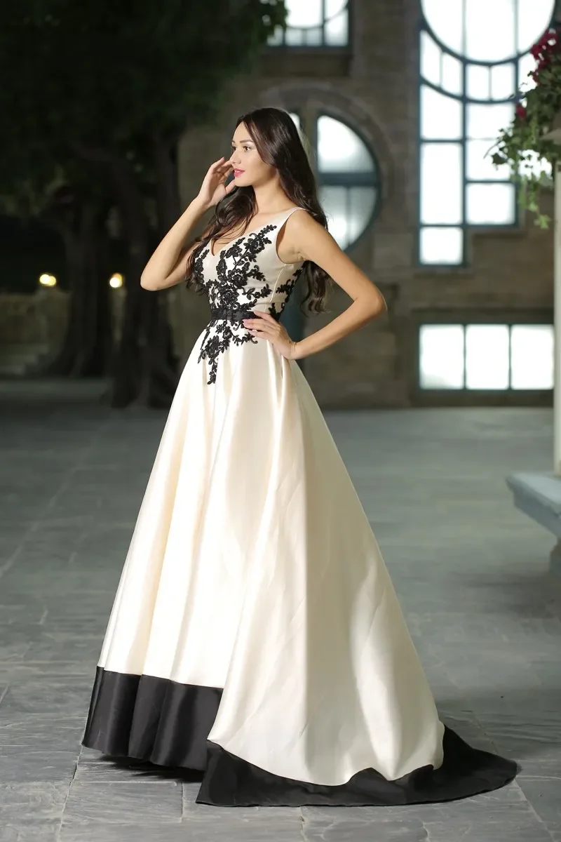 Sederhana elegan Satin bunga Applique gaun Formal Vintage V-neck lengan topi A-line Backless gaun Prom gaun malam