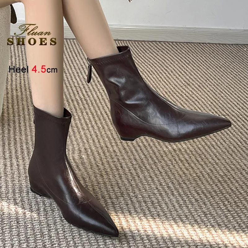 

New 4.5cm Medium Heel Women Ankle Boots Autumn Winter French Style Lady Shoes Pointy Toe Short Boots Black Fashion Middle Boots