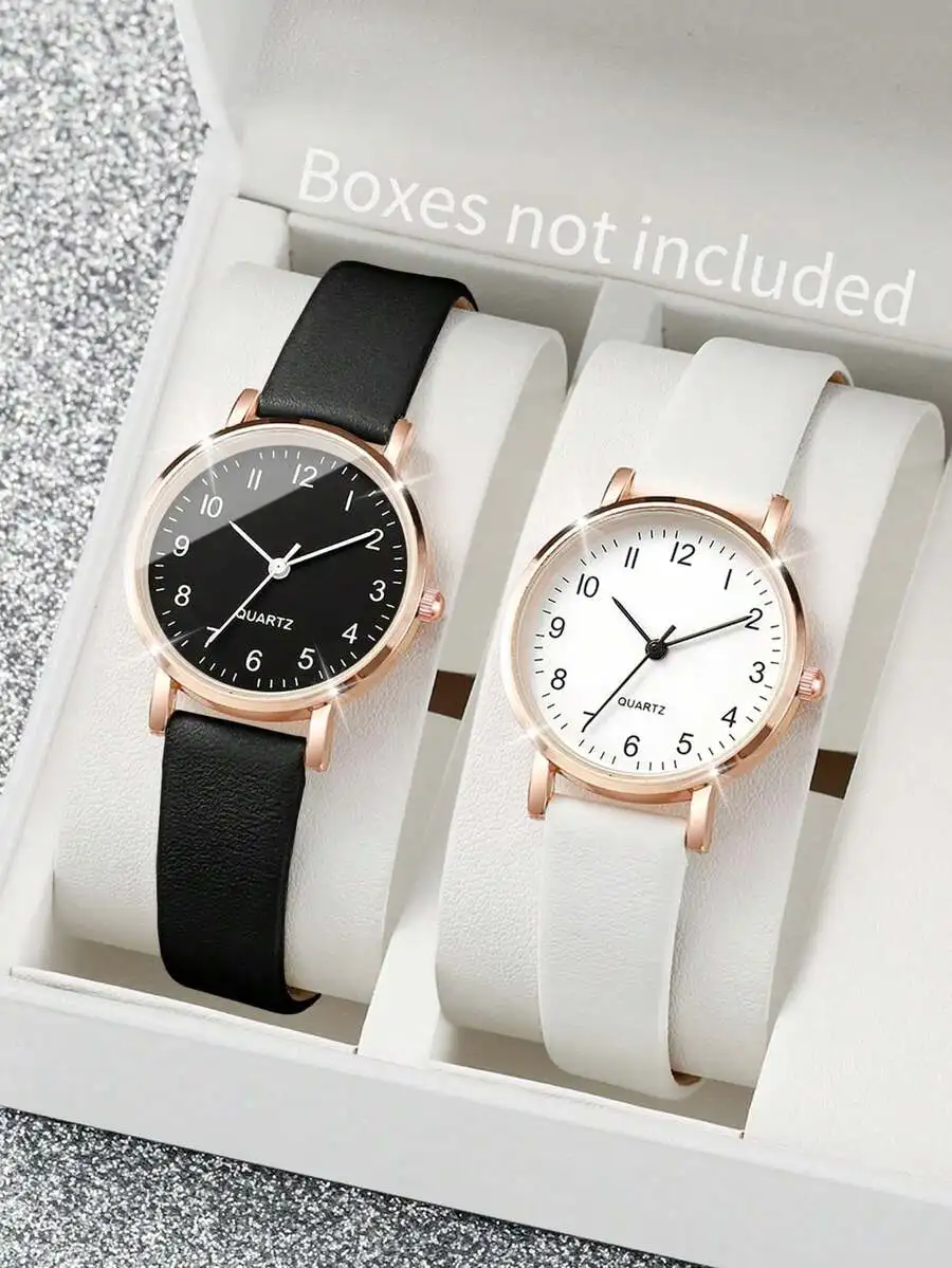 2pcs/Set Women Digital Dial Quartz Wrist Watch & Leather Belt Casual Fashion Accessories
