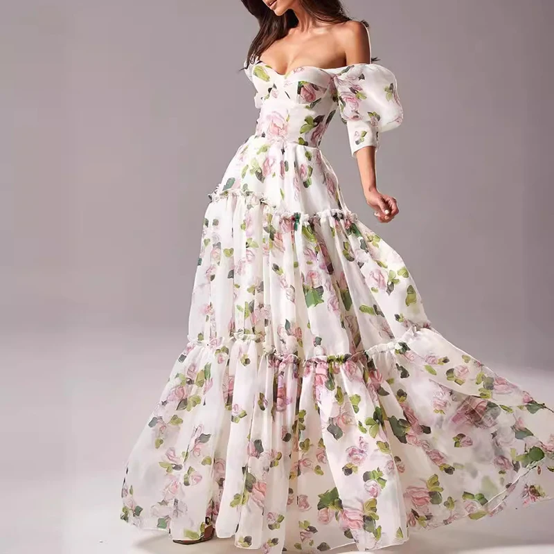 Elegante Off Shoulder Hoge Taille Lange Jurk Nieuwe Prinses Mouw Chiffon Feestjurk Mode Bloemenprint Vrouwen Avondjurken