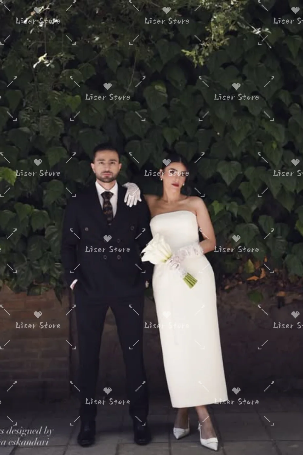 Liser Customized Graceful Ivory Off Shoulder Fold Collar Satin Midi Wedding Dress Straight Tea-Length Slit Robe De Mariée 2026