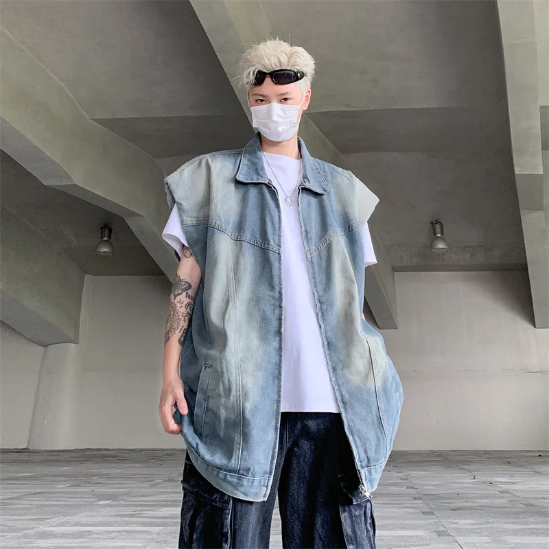 Summer versatile, niche retro washed denim padded shoulder vest, men's trendy brand zipper design, sleeveless jacket jacket