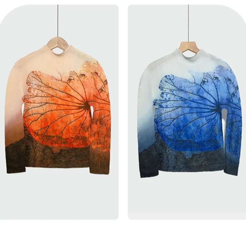 미야케 플리츠 여성용 긴팔 티셔츠 패션 프린트 우아한 하프 하이넥 풀오버 심플 핏 스트레치 플러스 사이즈 의류