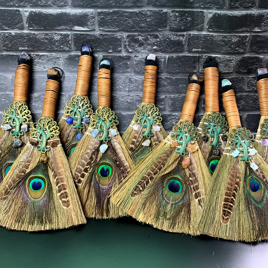 Broom Large Broom Natural Amethyst Tree of Life Peacock Feather Altar Ornaments Broom and Dustpan Set