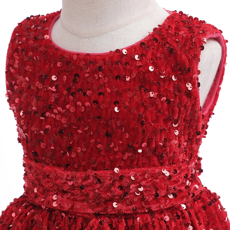 New Christmas Girls Party Dress Sleeveless Sequin Fluffy Princess Dress Korean Velvet Halloween Dress