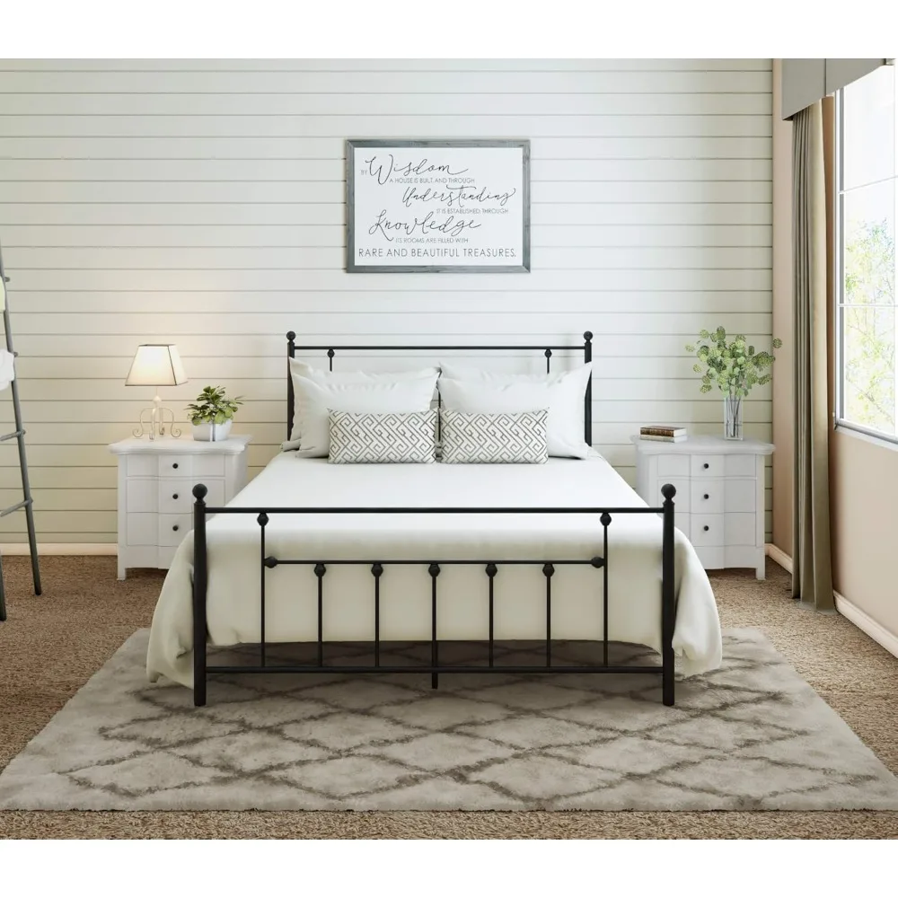 Queen Size Black Iron Bed Frame Headboard Footboard Wrought Rod Art Heavy Duty Steel Metal Platform Foundation Farmhouse