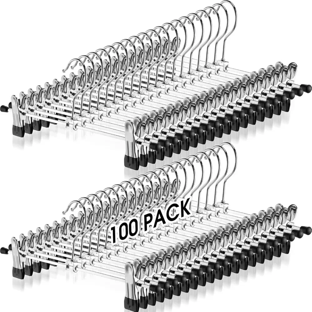 100 Pack Pants Hanger with Clip Adjustable Metal Pants Hanger Skirt Hanger for Women and Kids Space Saving Heavy Duty Ultra Thin