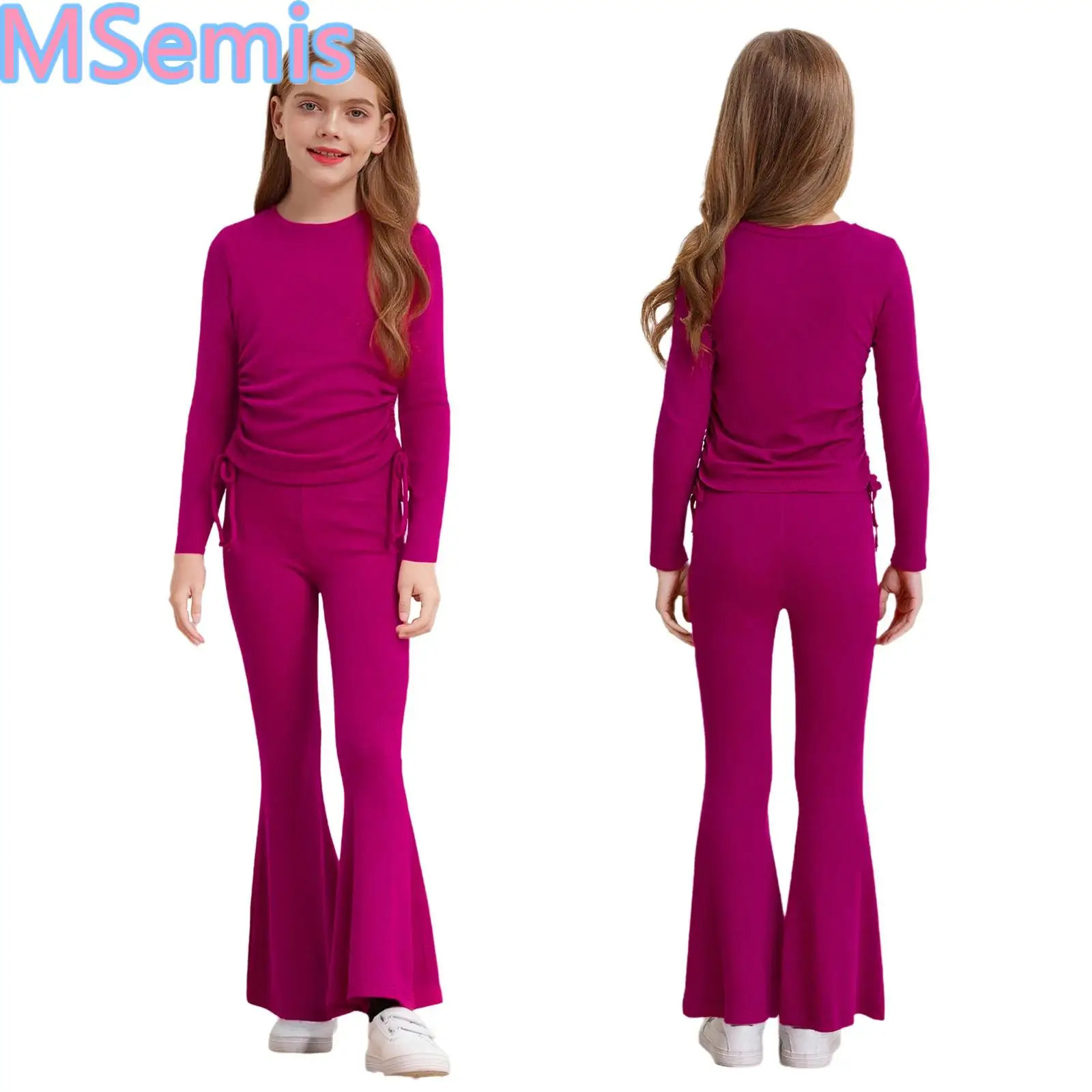 

Kids Girls Casual Dance Outfit Solid Color Round Neck Long Sleeve Sides Drawstring Tops with Elastic Waistband Flared Pants