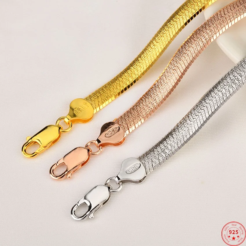 

S925 Sterling Silver Necklaces for Women Men Sparkling Flat Snake-bone Necklace 6.6mm Widened Collarbone Chain Jewelry Wholesale