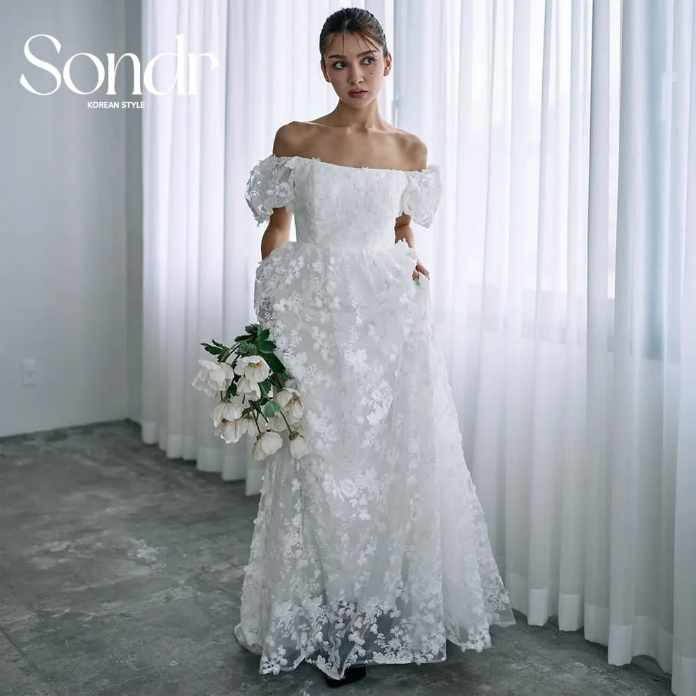 Sondr Luxury Lace Japanese Wedding Dresses Boat Neck Short Sleeves Bridal Gown Customized Princess A Line Wedding Party Dresses
