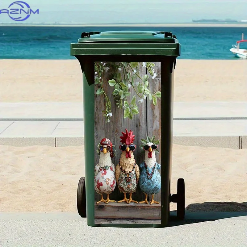 2D Flat 1pc Trash Can Stickers Garbage Bin Decals Featuring Three Chickens Wearing Sunglasses And Clothes Stand Together Peel-