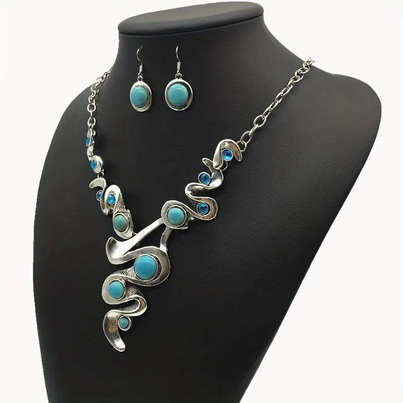 Elegant and Luxurious Three-piece Set with Aquamarine Zirconia Synthetic Turquoise Necklace Earrings Boho Jewelry Set for Women