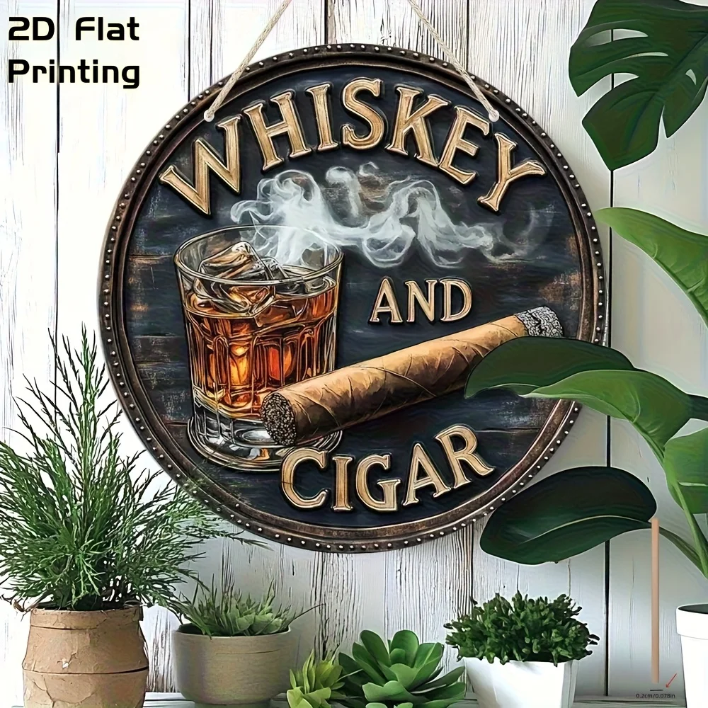2D flat, 1 vintage brown whisky and cigar circular wall art plaque - home bar decoration