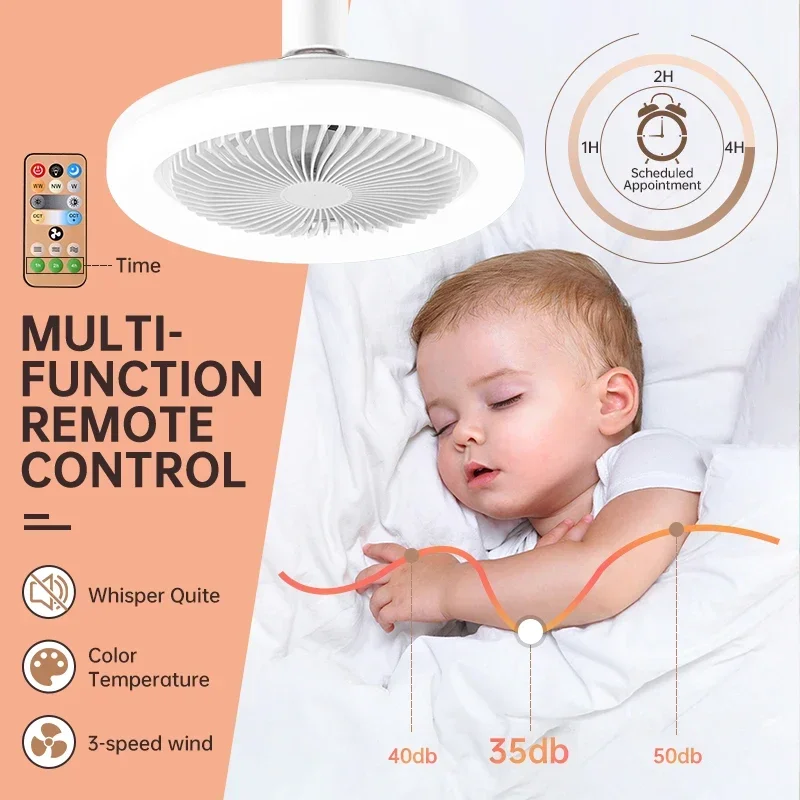 LED High Brightness Intelligent Silent Fan Bedroom and Living Room Ceiling Fan E27 with Remote Control and Lighting 50W