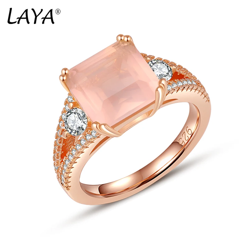 

LAYA Natural Rose Quartz 925 Sterling Silver Women's Ring Princess Cut 4 Carats Gemstone Romantic Style For Lady Fine Jewelry