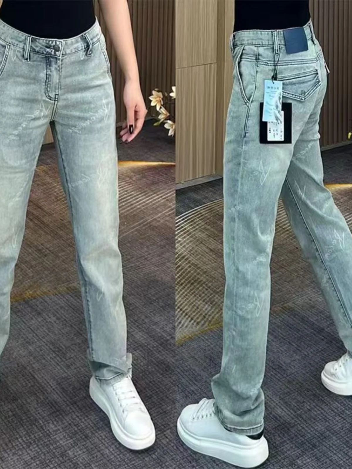 

Мужские джинсы скинни с высокой талией, эластичные повседневные брюки с принтом, легкие эластичные прямые молодежные модные джинсовые джинсы