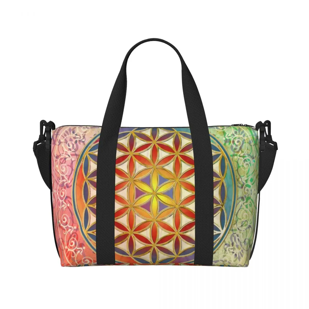 Custom Flower Of Life Vintage Geometric Beach Tote Bag Women Extra Large Gym Carry On Mandala Travel Shopping Bags