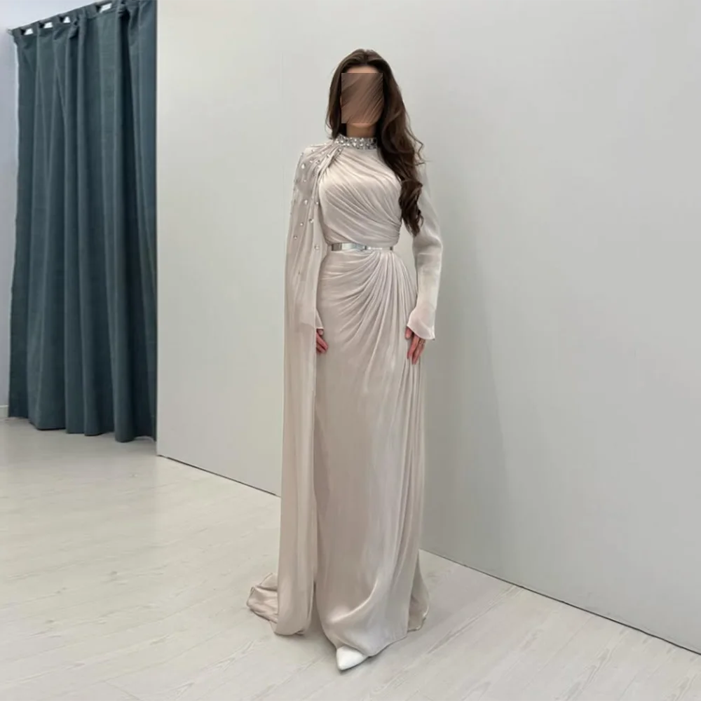 Personalizado alta pescoço saudita vestidos de noite cristal miçangas manga cheia plissado drapeado organza vestido de baile longo vestido de festa reto