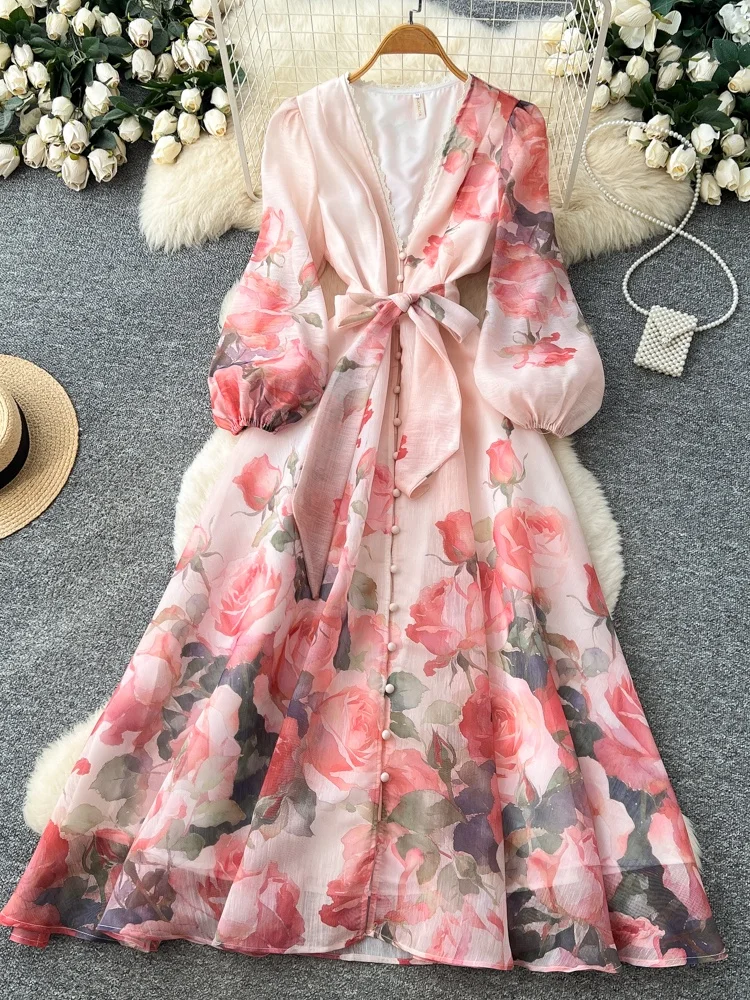 

Ele Korean Sle Floral Print V-Ne Lantern Sve Dr Women's Spring Summer High Waist A-Line Skirt Commute Long Dr