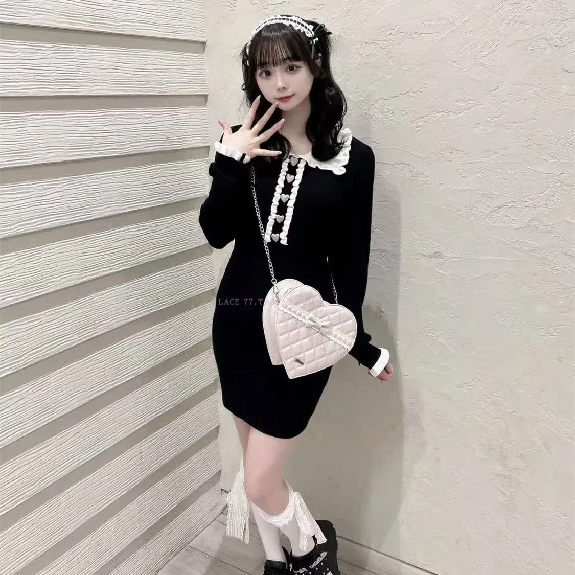 Vestidos de manga larga de otoño estilo japonés Original de gama alta pata de gallo Jacquard Patchwork con volantes vestido de punto de cuello pequeño