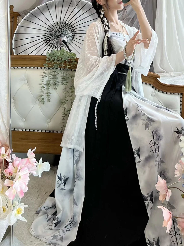 จีนแบบดั้งเดิม Hanfu เครื่องแต่งกายสำหรับผู้หญิงปรับปรุง Elegant สีขาวเสื้อแจ็คเก็ตลายลูกไม้สีดำชุด Retro ชุด3ชิ้นชุด