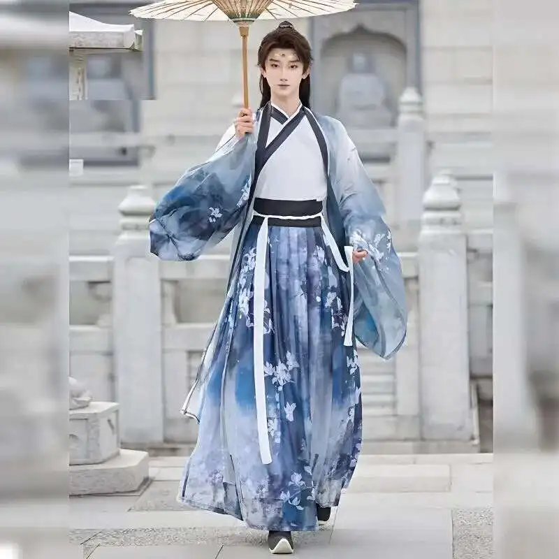 

Large Size 3XL Hanfu Men White&Blue Gradient 3pcs Sets Male Halloween Carnival Cosplay Costume Party Hanfu Outfit Plus Size 2XL
