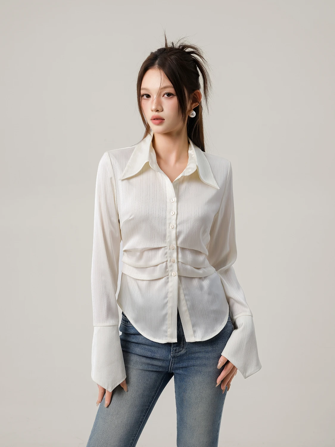 

EU IIWAN Women's Long Sve irt Satin Waist Cinched Soft Light Autumn Winter High ade Asymmetrical Ne Top