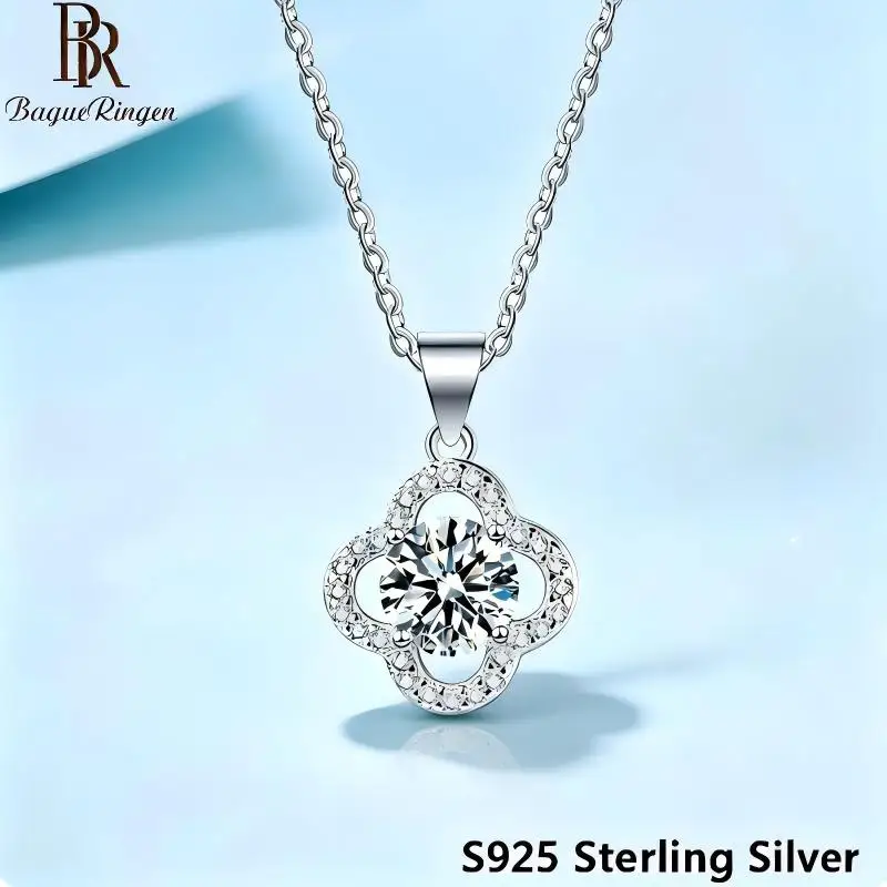 BR 6.5mm S925 Sterling Silver Four Leaf Clover Moissanite Necklace, Elegant European Style Pendant, Minimalist Clavicle Chain