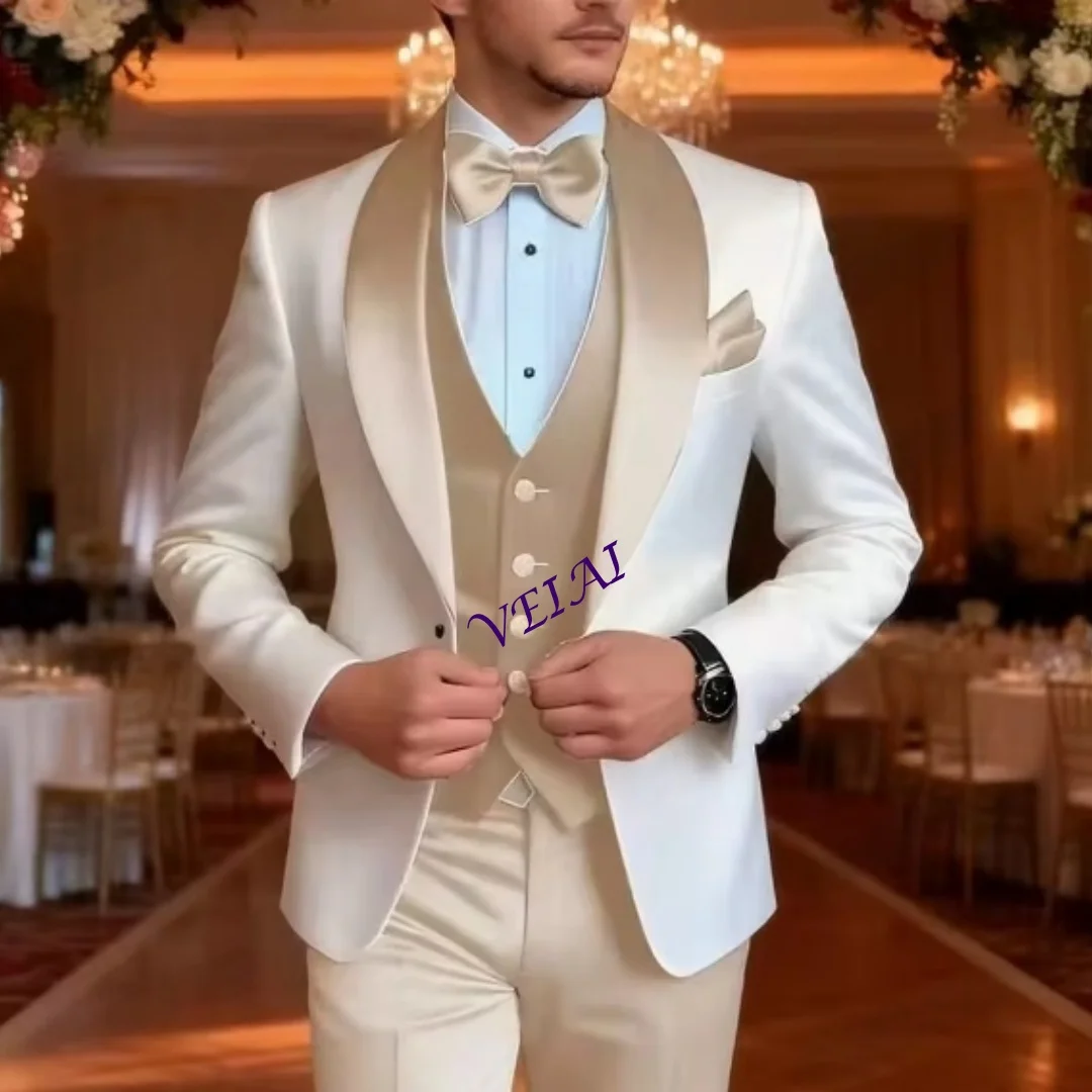 

Индивидуальный атласный мужской костюм белого цвета и шампанского, деловой мужской костюм для свадебной вечеринки, жениха, выпускного вечера, деловые мужские смокинги, комплект из 3 предметов, куртка Ve