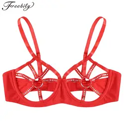 Womens Sexy Lingerie See Through Underwired Bra Balconette Adjustable Straps Shiny Rhinestones O-ring Cutout Cup Push Up Bra Top