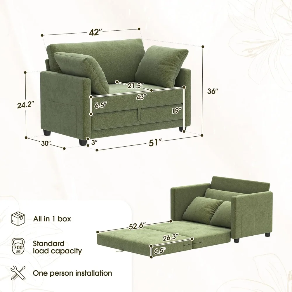 Трансформируемый двухместный диван-кровать для небольших помещений, складной спальный диван 2-в-1, компактный напольный диван с 2 подушками