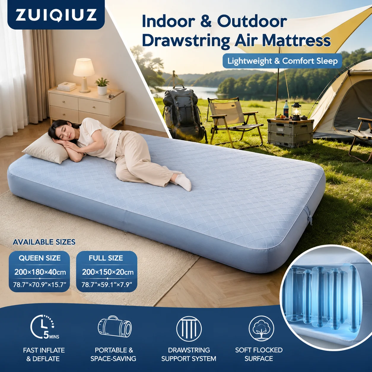 Portable TPU Drop Stitch Air Fiber Inflatable Bed Silent Inflatable Sleeping Mat Durable Air Mattress for Camping Backyard Indoor Guest Use Inflatable Air Mat