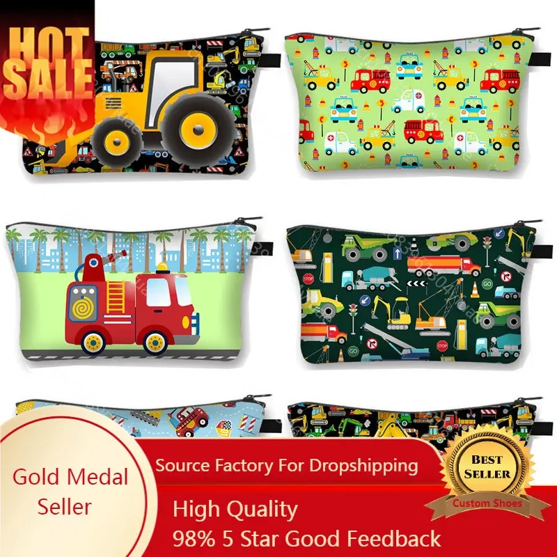 

Cute Engineering Vehicle Print Cosmetic Case Firetruck Excavator Bulldozer Kawaii Makeup Bags Women Toiletries Girl Cosmetic Bag