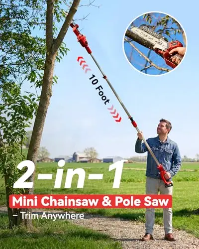 2-in-1 Cordless Pole Saw & Mini Chainsaw, 8-inch Brushless Chainsaw with 2*4000mAh Batteries and a Telescopic Pole